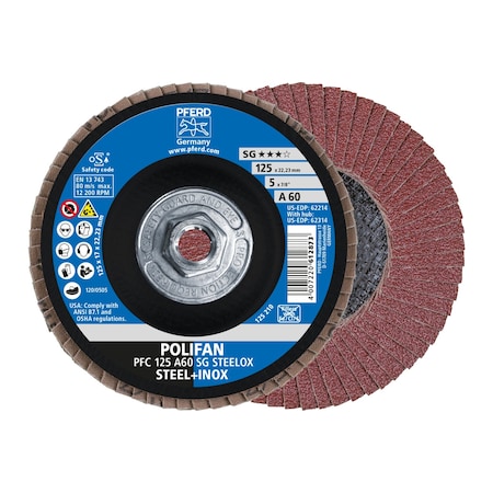 Pferd 5" x 5/8-11 Thd. POLIFAN Flap Disc - A SG STEELOX, Aluminum oxide, 60 Grit, Conical 62314